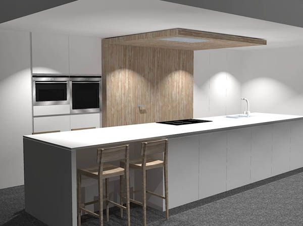 3D-ontwerp van een keuken met wit eiland, hoge kasten en een houten wand met plafondelement