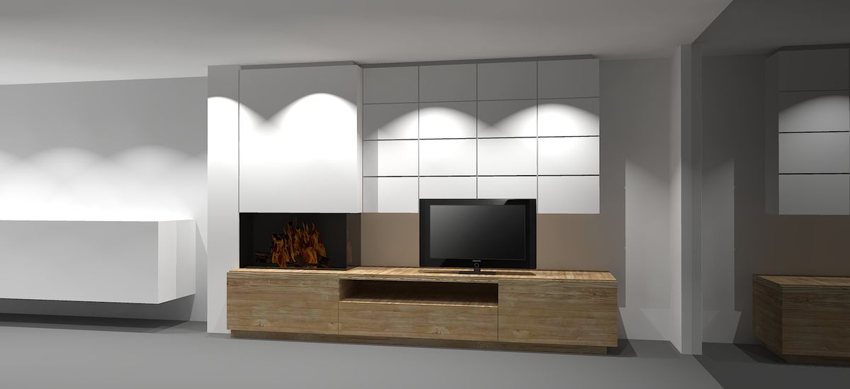 3D-ontwerp van een haardwand met witte bovenkasten, ingebouwde haard en lage houtkleurige tv-kast