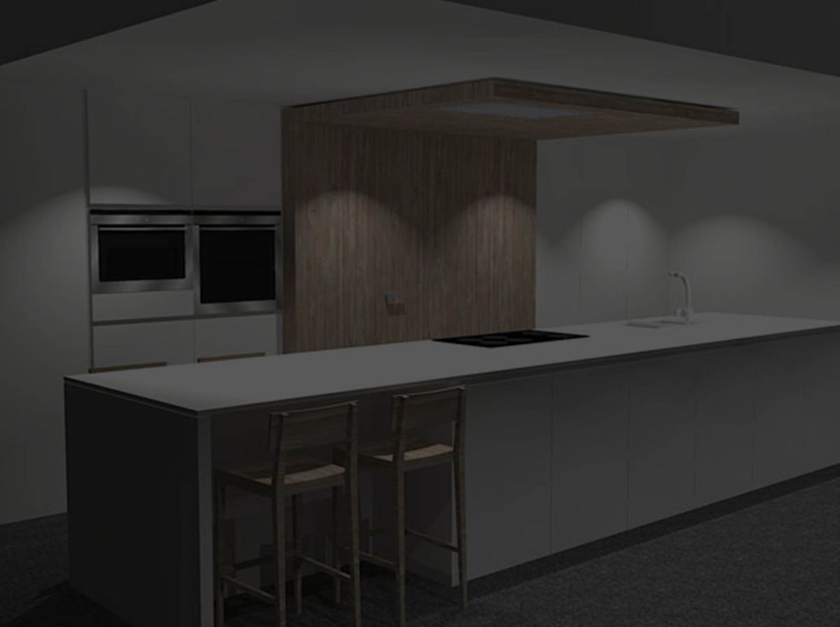 3D-ontwerp van een modern-landelijke keuken met lang eiland, krukken, houten kastenwand en verlaagd houten plafond
