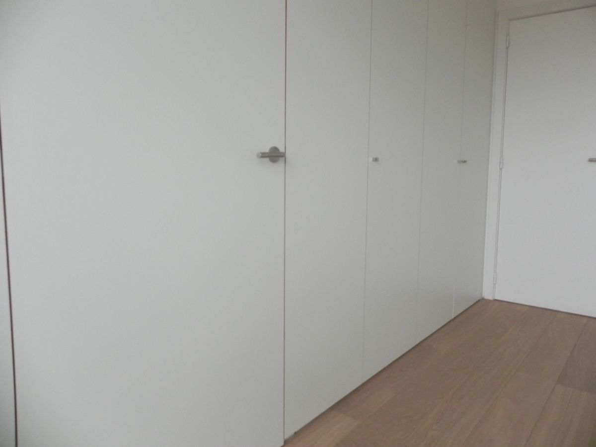 Witte vlakke kastenwand met geïntegreerde deur en kleine grepen op een lichte houten vloer